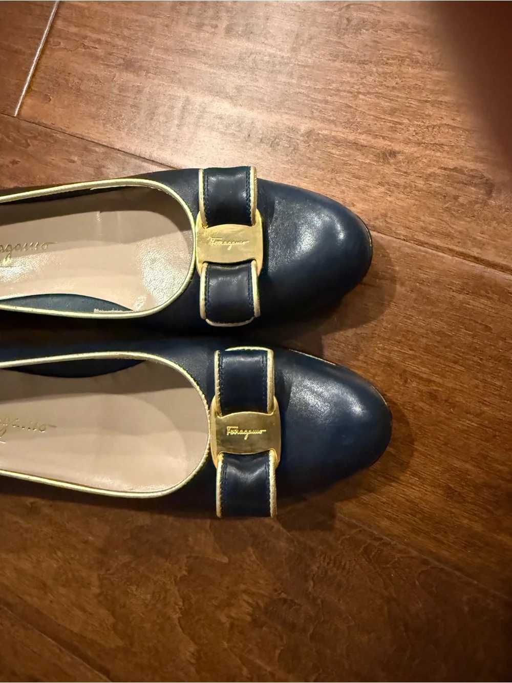 Salvatore Ferragamo Black Leather Vara Bow Flats with Gold Trim